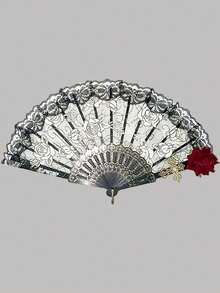 1pc Elegant Vintage Spanish Lace Fan Luxurious European Rose Folding Fan For Cosplay Performance Decoration Valentine's Day - Black - View 4