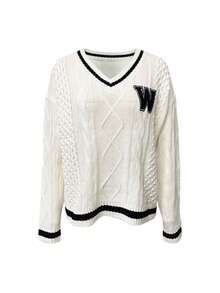 Maglione da donna con scollo a V, stile college retrò americano, moda autunno/inverno 2025, maniche lunghe, lasco e ampio, con motivo jacquard a lettera