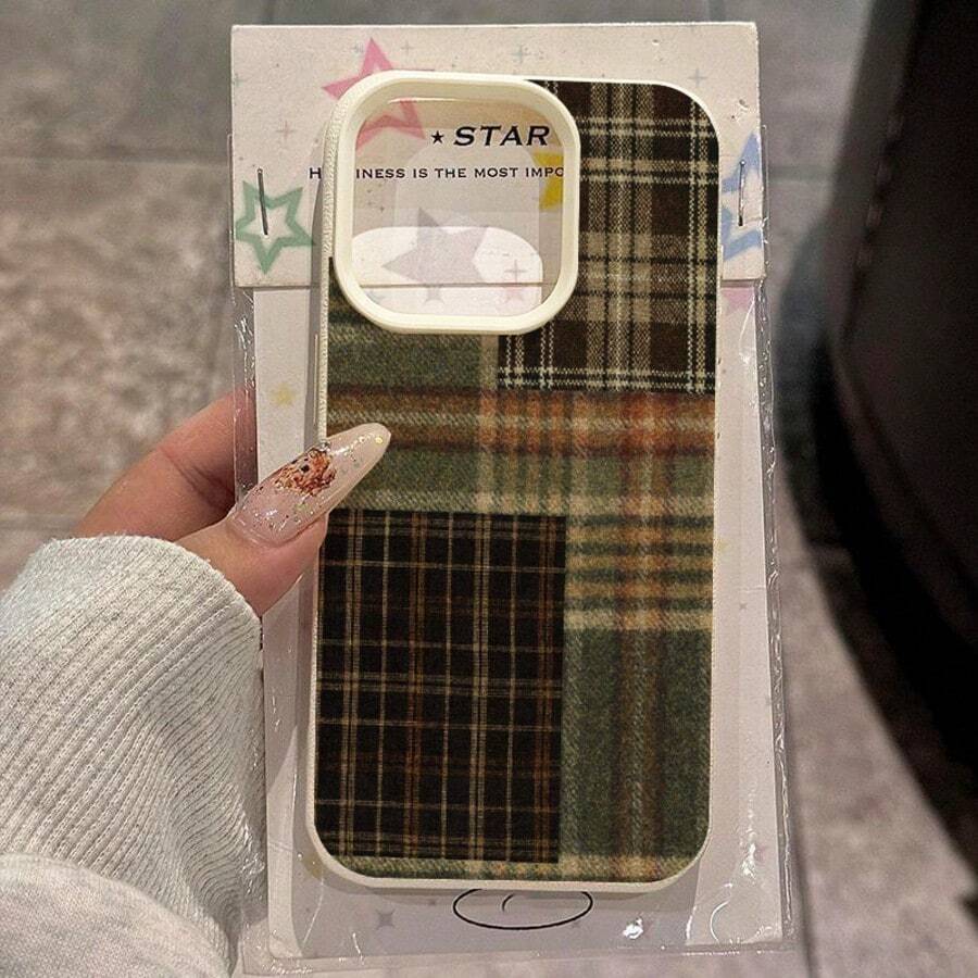 1pc TPU Material Retro Artistic Brown-Green Plaid Pattern Phone Case Compatible With IPhone/, Autumn/Winter