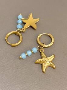 1 par de pendientes colgantes de estrella de mar de verano con circonita, pendientes colgantes dorados para mujer de acero inoxidable para uso diario, fiesta, joyería, regalos de Halloween y Navidad