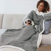 1pc Women's Comfortable Gray Flannel Wearable Blanket With Sleeves And Pockets - Soft Fleece TV Wrap Shawl With Sleeves, Unisex Adult Cozy Warm Thick Blanket With Pockets And Sleeves - Multicolor - View 2