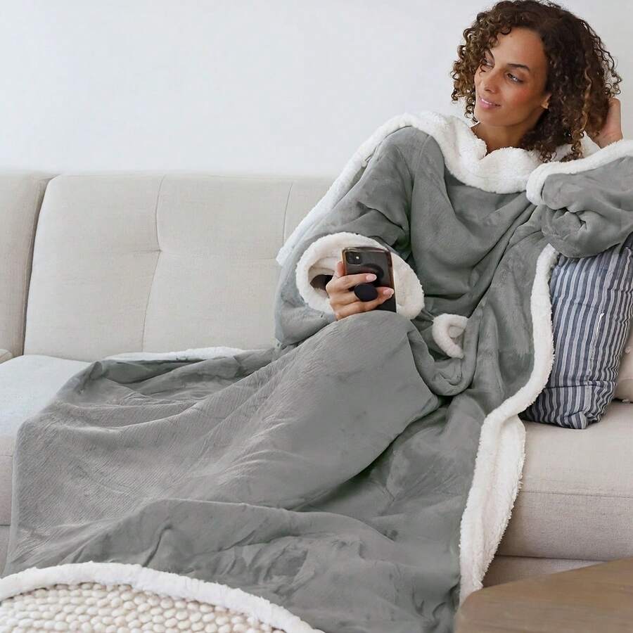 1pc Women's Comfortable Gray Flannel Wearable Blanket With Sleeves And Pockets - Soft Fleece TV Wrap Shawl With Sleeves, Unisex Adult Cozy Warm Thick Blanket With Pockets And Sleeves