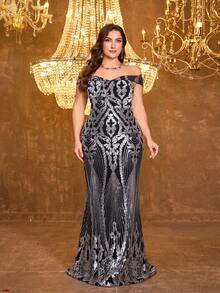 UNITHORSE Plus Size Women Off Shoulder Backless Dress Elegant Evening Party Dress - Silver - View 4