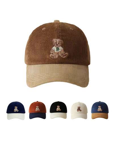 1 件可爱熊棒球帽，防晒帽，亲子卡车司机帽，拼色，刺绣，轻便可调节尺寸，男女复古冬帽