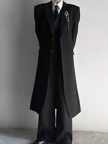 Yamamoto Style Long Suit Jacket For Men And Women With A Sense Of Luxury, Black Shoulder Coat With Slim Fit, Men's Casual Design, Long Suit Jacket - 黑色 - 查看 2