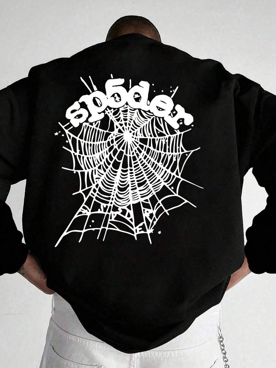Men's "Sp5der" Spider Web Graphic Crew Neck Sweatshirt100% Cotton Terry, Sporty Style, Loose Fit, With Pocket Details, Knitted Fabric, Slight Stretch, 300g/M² - Personalized Large Picture Design On The Back, Suitable As A Gift For Halloween, Christmas And Other Festivals - 白色 - 查看 1