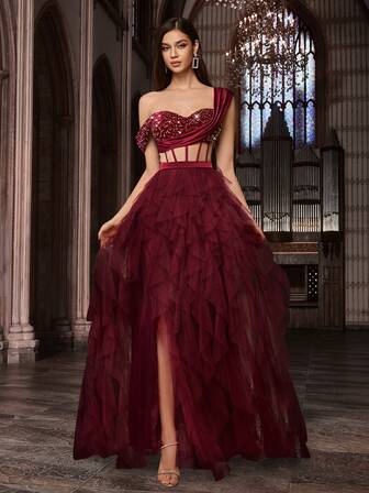 时尚设计亮片拼布派对正式礼服优雅女士网眼晚礼服，适合晚宴、鸡尾酒会、毕业舞会、庆典纯色无袖多层网眼下摆长裙