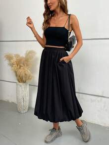 百搭甜美休闲黑色碎花泡泡裙，高腰修身A字裙 - 黑色 - 查看 5