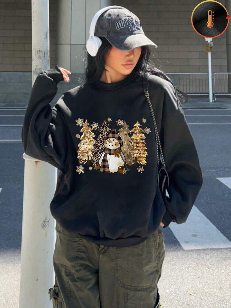1 pièce Sweat-shirt-shirt décontracté en polaire pour femmes avec motif de bonhomme de neige et sapins dorés de Noël, cadeau d'anniversaire parfait, cadeau de fête - Noir - Voir 1