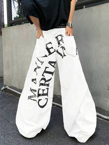 1件 Infinite Jeans 美国休闲品牌拼接男士个性化印花喇叭裤，宽松舒适的街头风阔腿裤（不含腰带和配饰） - 白色 - 查看 9