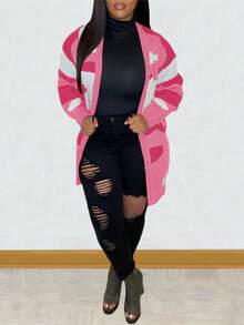Women's Camouflage Pattern Contrast Color Loose Cardigan, Lightweight Knit Sweater For Autumn/Winter - Pink - View 6