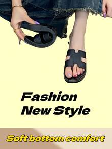 Sandalias planas de unicolor con punta abierta para mujer, sandalias de verano para mujer, nuevas sandalias de playa, elegantes sandalias planas versátiles de mujer, sandalias negras, sandalias - Negro - Ver 5