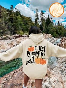 1pc Tween Girl Casual Pumpkin & Letter Print Pullover Sweatshirt, Loose Fit, Warm Thermal Lining, Suitable For Autumn/Winter, Halloween - Apricot - View 8