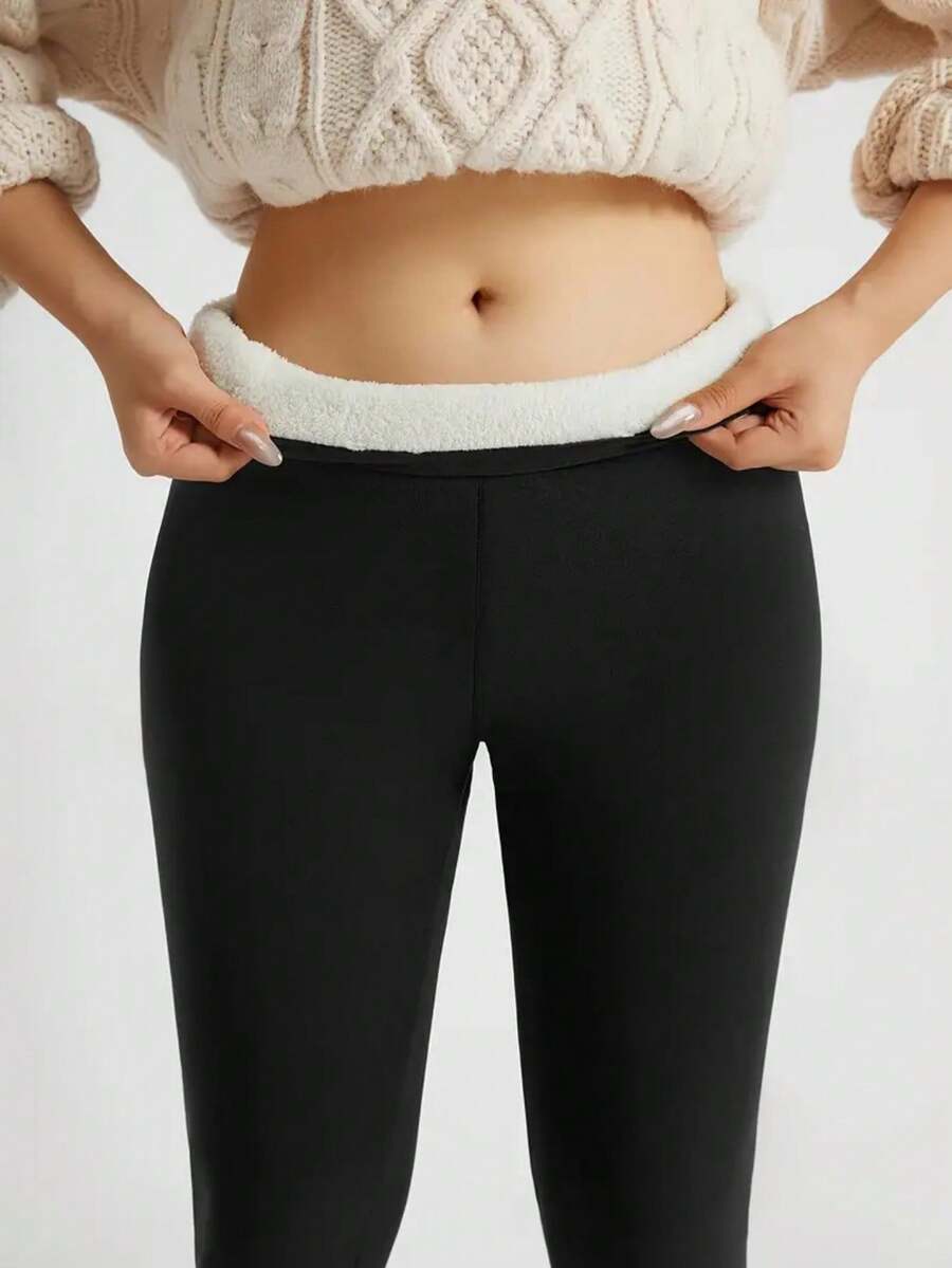 Women's High-Waisted Winter Warm Thickened Leggings - Full Length - High-Rise Stretch Workout Pants With A Waistbandless Design And A Smooth Texture, Perfect For Fitness, Yoga, And Layering - Machine Washable Thermal Leggings (Waistband Not Included) - Elastic High-Waisted Leggings With Natural Details And Solid Colors, Perfect For Fitness And Training - Thermal Pants, Women's Winter Warm Soft-Touch Leggings With Fleece And Thickness - màu đen - Xem 1