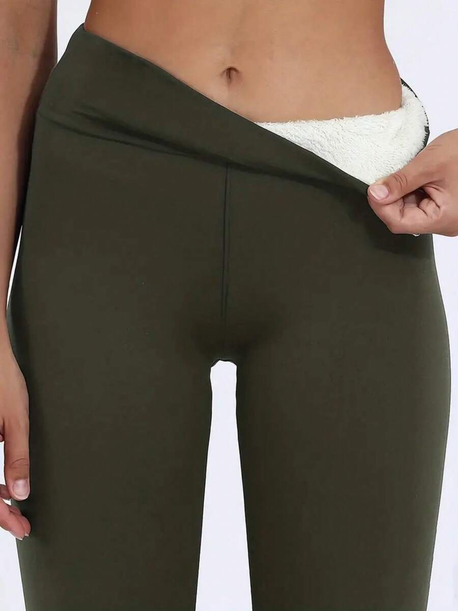 Women's High-Waisted Winter Warm Thickened Leggings - Full Length - High-Rise Stretch Workout Pants With A Waistbandless Design And A Smooth Texture, Perfect For Fitness, Yoga, And Layering - Machine Washable Thermal Leggings (Waistband Not Included) - Elastic High-Waisted Leggings With Natural Details And Solid Colors, Perfect For Fitness And Training - Thermal Pants, Women's Winter Warm Soft-Touch Leggings With Fleece And Thickness - màu xanh lá - Xem 1