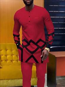 Men's Casual Long-Sleeved Two-Piece Suit, Mid-Length Top And Trousers - Màu Đỏ Sâu - Xem 1