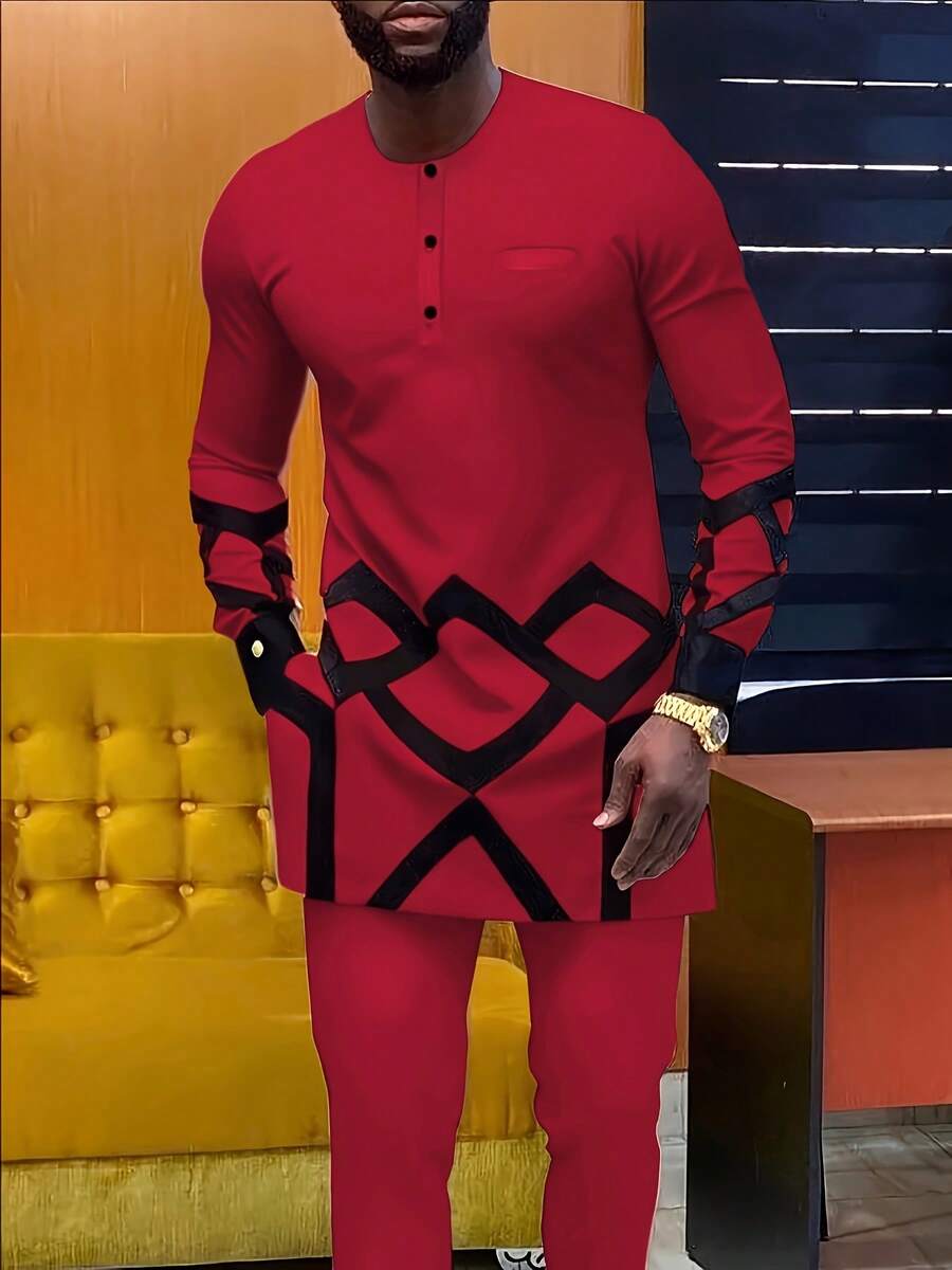 Men's Casual Long-Sleeved Two-Piece Suit, Mid-Length Top And Trousers - Màu Đỏ Sâu - Xem 1