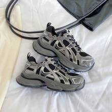 女式黑色厚底运动鞋，2025年春季新款时尚轻便厚底百搭透气网眼休闲运动鞋， - 黑銀色 - 查看 3