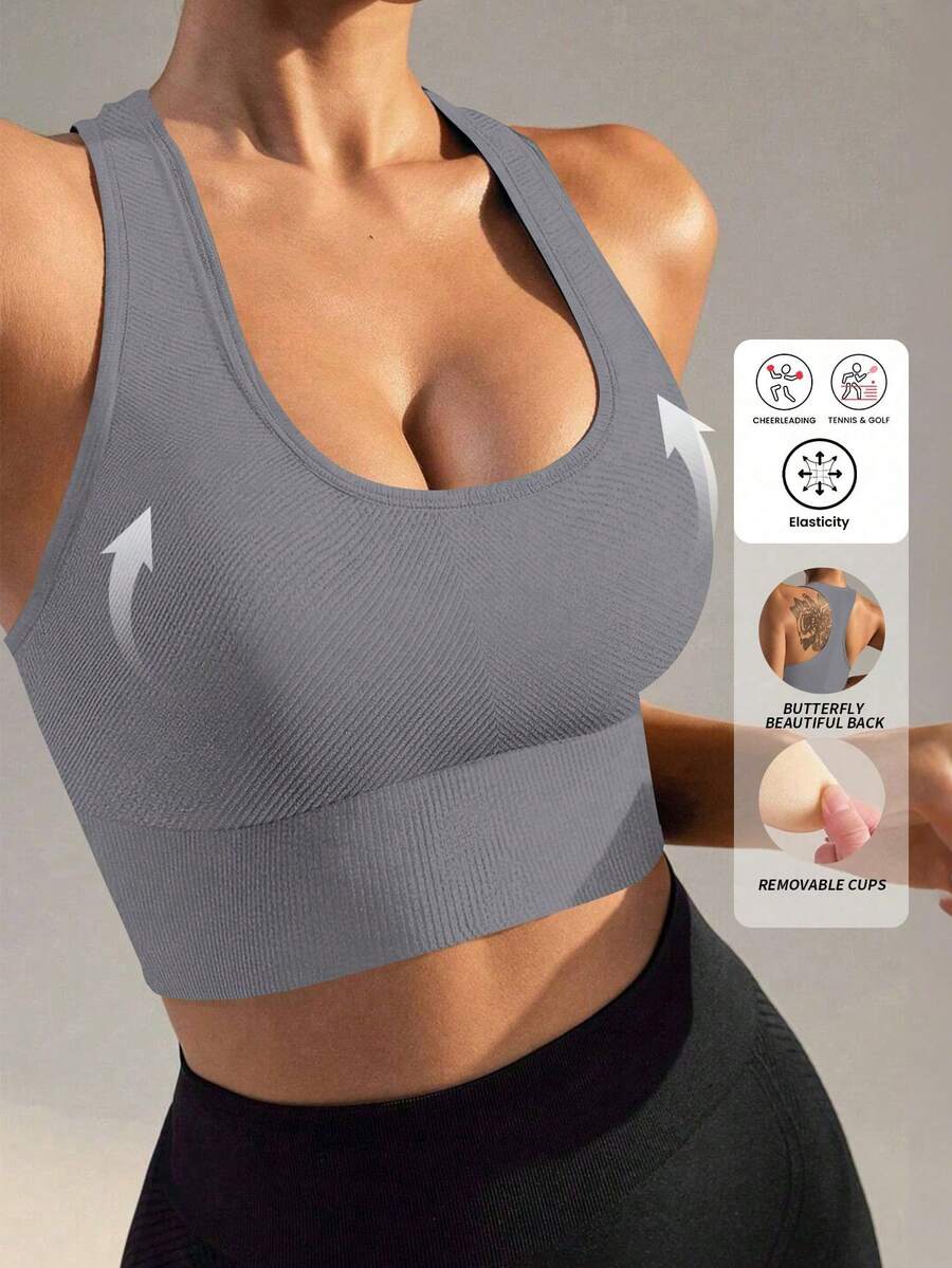Women's High Impact Seamless Padded Sports Bra, Suitable For Yoga, Fitness, Running And Workout Spring - Grey - View 1