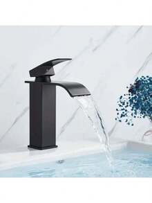 1个北欧黑色铜面盆龙头，瀑布式单孔冷热水龙头，适用于浴室盥洗台，浴室配件，浴室工具 - 黑色 - 查看 5