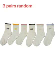 3 paires (non brodées) de chaussettes blanches mode polyvalentes de couleur aléatoire, chaussettes mi-mollet pour femmes, automne/hiver, design avec lettres, chaussettes de sport absorbantes, chaussettes sans couture, chaussettes avec lettres, chaussettes d'automne - Multicolore - Voir 8