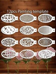 12 pièces Ensemble de pochoirs réutilisables pour maquillage et peinture de visage, pinceaux lavables pour tatouages temporaires sur le visage et le corps avec plaque de tamponnage. Convient pour les fêtes, festivals et peinture corporelle. - Multicolore - Voir 7