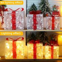 Set de 3 piezas de iluminación navideña con control remoto, 8 modos de iluminación, Aurora - Caja de decoración navideña con luces blancas cálidas, para árbol de Navidad, jardín, hogar, decoración navideña exterior, caja de regalo con moño rojo