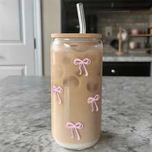 مجموعة من أكواب الزجاج المزينة بفيونكة وردية، أكواب مياه كبيرة السعة محمولة للاستخدام الخارجي، أكواب شاي/قهوة جميلة وجذابة، أكواب عصير/قهوة عالية الجودة، مناسبة للصيف/الخريف/الشتاء، ديكورات عيد الميلاد/عيد الهالوين، هدايا عيد الميلاد، ديكورات المنزل/اكسسوارات المطبخ