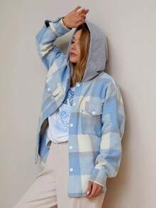 Women's Elegant Warm Qversized Checkered Autumn Shirt With A Hood ,Long Sleeve Plaid Casual Party Spring Fall Buttons Cardigan