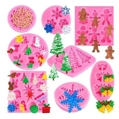 1pc Christmas Silicone Molds - Mini Snowflake Molds With Xmas Snowman, Tree, Holly Leaves & Santa Claus Shapes, Perfect For Fondant