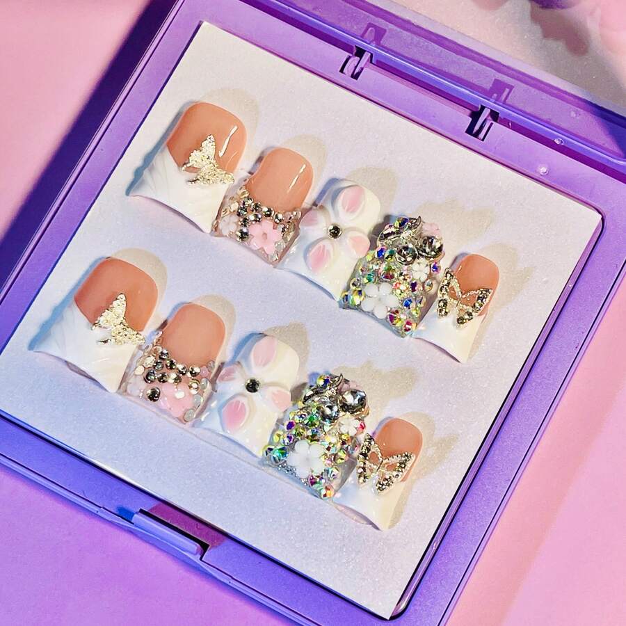 NailLuxe 10 PCS Handmade Duckbill Press - On Nails | CrystalBowSparkle With Acrylic Glitter Bows, Floral Accents & Rainbow Rhinestones - White - View 1