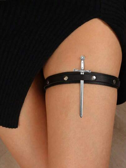 1pc Of Punk Style Garter Belt, Adorned With Studs Gothic-Themed Sword Accessory, Suitable For Role-Playing, Cosplay, Or Sexy Lingerie, Elastic Band Thigh-High Stocking Holder For Halloween.