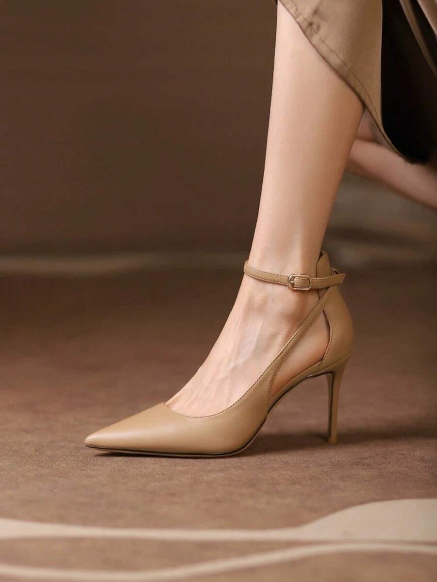 Tacones altos desnudos mujeres verano nuevo Baotou abrochado con temperamento celebridades con sandalias francesas puntiagudas, Zapatos de tacón de mujer - Albaricoque - Ver 1