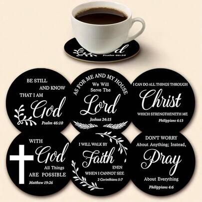 6pcs Round Bible Verse Wooden Coasters, Made Of Synthetic Wood, Perfect For Holiday Gifts. This Set Is Not For Kitchen Use But Ideal For Holiday Home Decor And Tabletop Settings, Suitable For Coffee Tables, Apartments, And Bars To Hold Cups And Beer Glasses. It Can Also Be Used As Small Decorative Pieces For Wall Decor.
