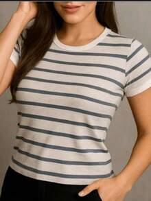 Babe Look Striped Round Neck Basic T-Shirt Premium  Summer Fashion - Grey - View 5