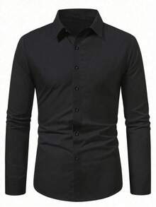 Kemeja Pria Lengan Panjang Warna Polos Kasual Kancing Depan, Pakaian Formal, Musim Gugur - Hitam - View 3