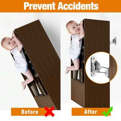 Anti-Tip Furniture Anchors, Silver Metal Wall Straps For Baby Safety, Secure Cabinet, Bookshelf, Shoe Rack, Dresser Anchoring Straps, Home Protection Hardware Accessories, Cabinet Safety Anchors|Sleek Metal Straps| Construction, Anti-Tip Kit For Home Security