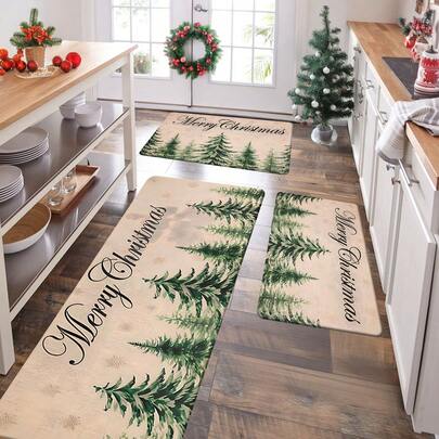 1/2/3 Adet Kalınlaştırılmış 0,47 İnç/1,2 Cm Mutlu Noel Mutfak Paspası - Yumuşak, Kaymaz, Yağa Dayanıklı Polyester Halı, Çam Ormanı Desenli, Ev Dekorasyonu İçin Uygun, Makinede Yıkanabilir