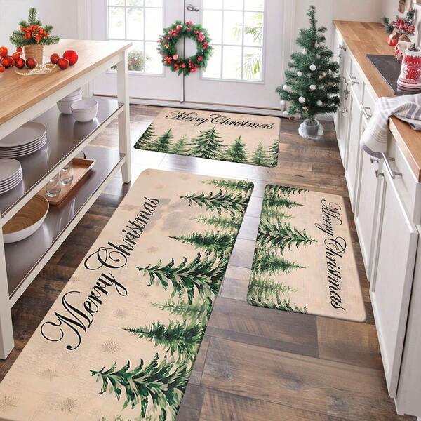 1/2/3 Pcs Thickened 0.47 Inch/1.2 Cm Merry Christmas Kitchen Mat - Soft, Non-Slip, Oil-Resistant Polyester Carpet With Pine Forest Pattern, Suitable For Home Decor, Machine Washable