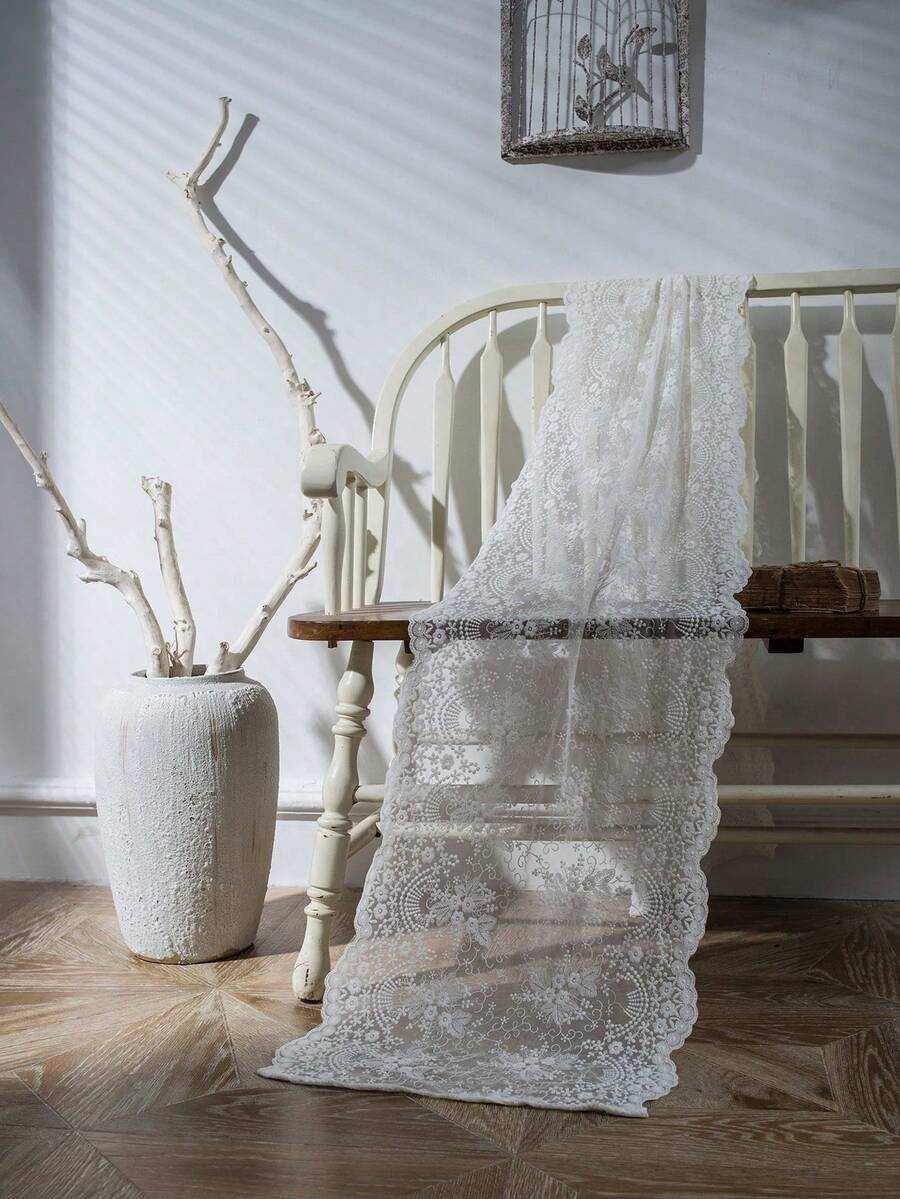 1 件法式白色蕾丝刺绣桌旗，浪漫简约风格矩形桌旗，适用于婚礼、日常、节日、派对、生日、家居、厨房、户外、婚礼装饰，高端蕾丝桌旗 - 白色 - 查看 1