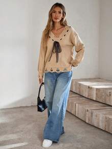 女式 V 领蝴蝶结系带做旧设计长袖套头衫，百搭秋冬装