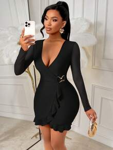 AIJ Vestito estivo da donna Amarilo, scollo a V profondo, decorazione metallica, orlo con volant, aderente, colore verde menta