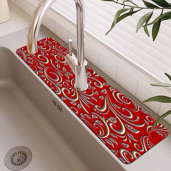 1 pieza Almohadilla de drenaje del fregadero, de material de poliéster duradero, se puede cortar con patrones de decoración navideña exquisitos, almohadilla de drenaje antideslizante de silicona de barro de diatomeas para protección de grifos, almohadilla de drenaje para el hogar y la cocina, protector de lavabo, adecuado para todo tipo de grifos en el baño y la cocina.