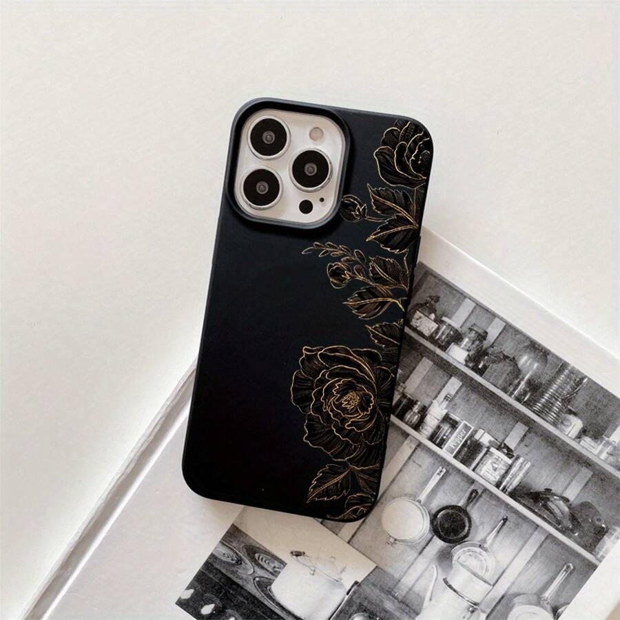 Fundas y carcasas protectoras para phone con orificios grandes y diseño estampado floral dorado negro. Compatibles con phone 16 Pro Max, 16, 15 Pro, 14, 14 Plus/14 Pro Max, 13, 13 Pro, 12 Pro, 11/11 Pro y la serie Pro/11. Regalos para cumpleaños y festividades - Negro - Ver 1