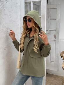 Women's Hooded Jacket, Fashionable Drawstring Long-Sleeved Slim-Fit Zippered Pocket Jacket, Women's Windbreaker, Suitable For Daily Wear In Spring And Autumn - Green - View 10