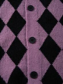 ANDREILEE 秋冬新款男士休闲宽松纯色棋盘格英文字母复古浪漫街头风V领纽扣罗纹针织长袖开衫 - 紫色 - 查看 6