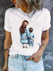 Mother and Son Denim Style  graphic print women's T-shirt short sleeve round neck casual top for summer and spring ladies - Blanco - Ver 2
