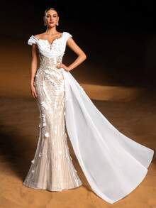 Faeriesty Haute Glamour Elegant Sparkly Beaded Evening Gown With Floral Appliques & Sequin Details – Sleeveless Sweetheart Neckline, Fitted Mermaid Silhouette, Ethereal Tulle Overlay For Formal Galas & Weddings For Women