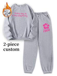 Customized Autumn And Winter, Two Pieces Custom Women's Sweatshirts And Jogging Drawstring Sweatpants Custom-Add Your Text Photos (Landscape/Badge/Couple Photos/Family Photos/Selfies/Pets) - Light Grey - View 2