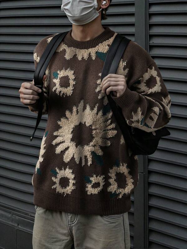 男士复古向日葵植绒提花宽松针织衫，条纹高街风格，适合秋冬季穿着